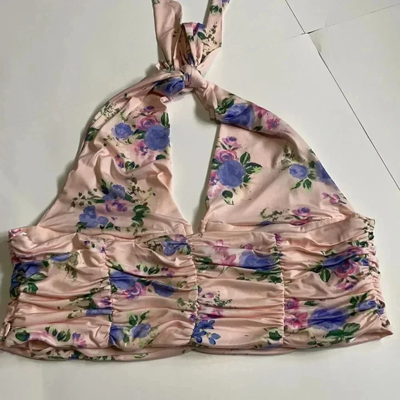Zara halter crop top Light pink floral print Deep V Ruching NWT XL Feminine - Picture 7 of 11